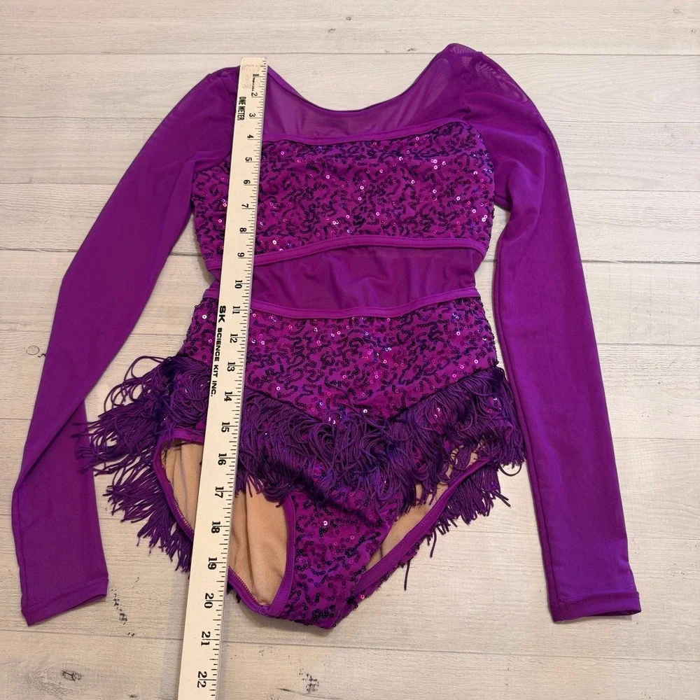 Weismann‎ girls long sleeve dance costume purple sequins tassel medium child